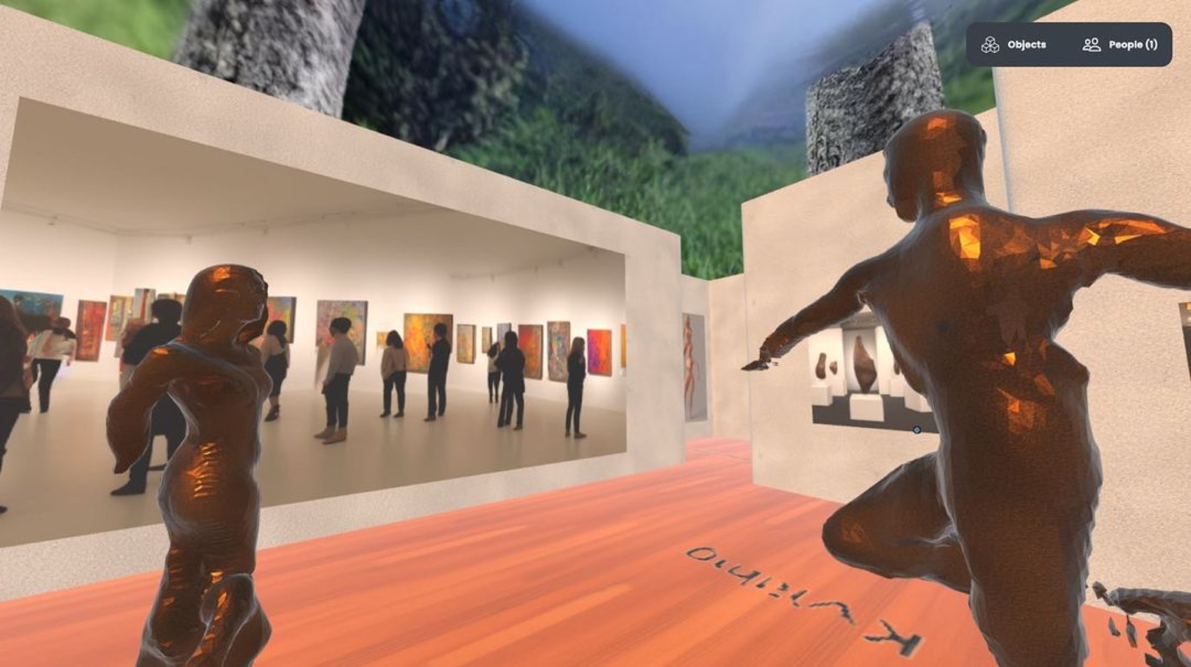 AI-generated virtual museum with visitors viewing artworks